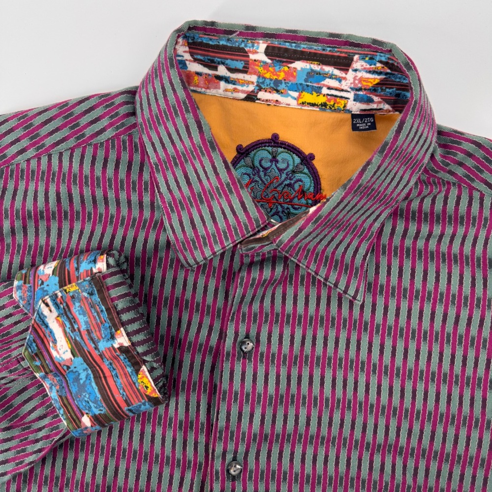 Robert Graham Shirt Mens 2XL Grey Magenta Geometric Stripe Long Sleeve Button Up